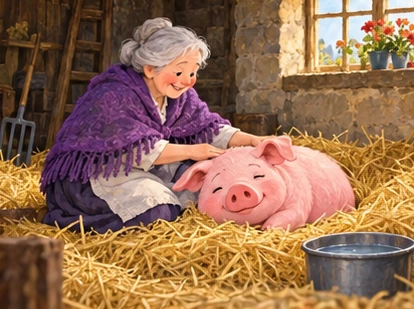 Old woman settles pink pig in clean straw with water bowl at cottage.