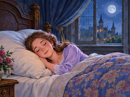 Princess sleeps peacefully in normal bed under moonlit palace window.