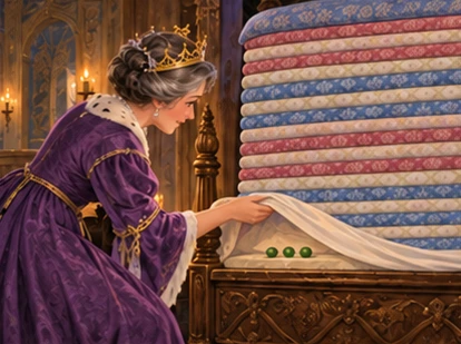 Queen places exactly three peas below towering stack of mattresses on broad bed.