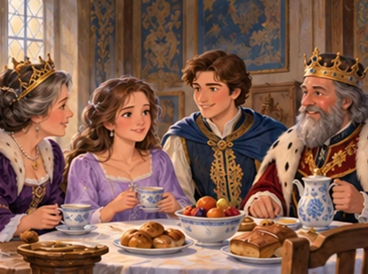 Tired princess sits at breakfast table with queen prince and king.
