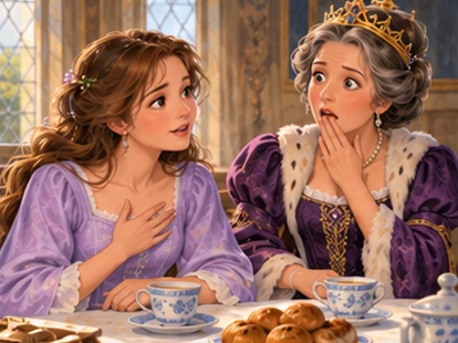 Princess explains uncomfortable night while queen looks astonished at breakfast.