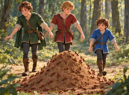Three brothers carefully walk around an intact busy anthill.