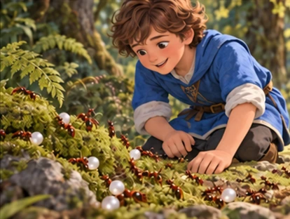Ants gather small white pearls in moss beside kneeling youngest brother.