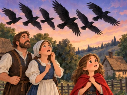 Seven black ravens fly above worried parents and red-cloaked little sister.