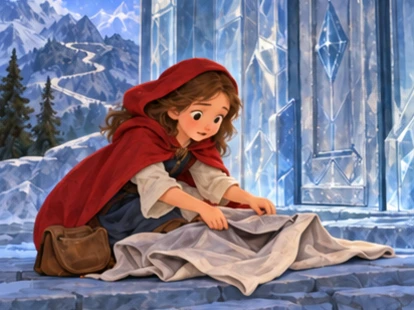 Girl searches cloth beside shut glass-mountain doorway, worried about missing key.