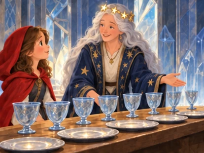 Girl meets gentle keeper beside exactly seven plates and seven cups.
