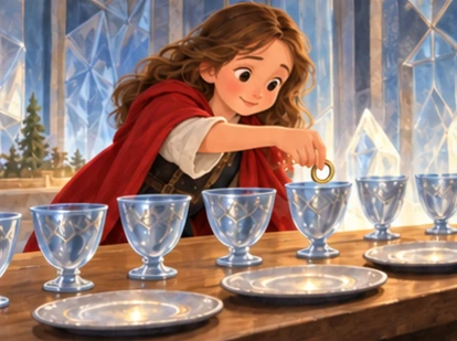 Girl places small family ring into last of seven cups on table.
