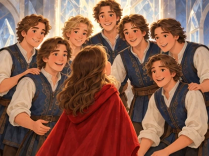 Girl reunites with exactly seven human brothers in glass-mountain chamber.
