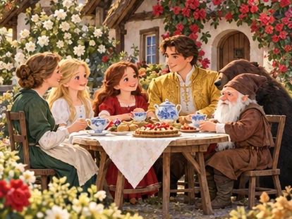 Mother sisters prince and little man share tea outside white and red rose cottage.