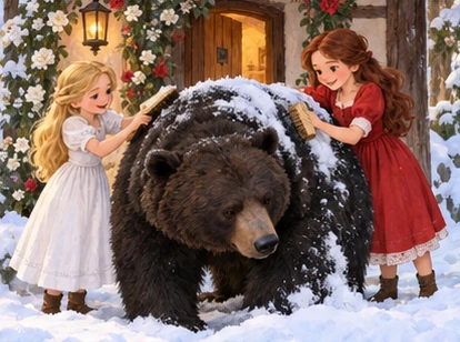Sisters gently brush snow from black bear beside welcoming cottage doorway.