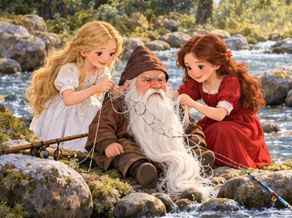Sisters untangle white beard from fishing line on safe stream bank.