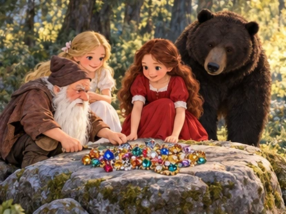 Little man spreads jewels on flat rock while sisters and black bear arrive.