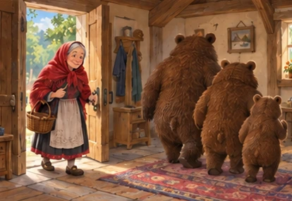 Old woman in red shawl enters open woodland cottage as three bears walk away.