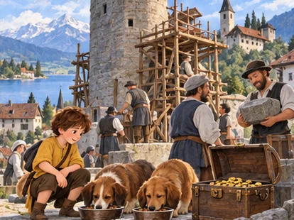 Villagers repair tower beside open coin chest and contented dogs with bowls.