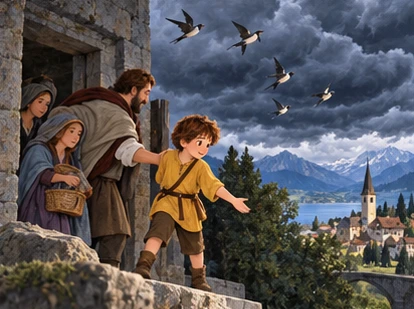 Boy guides family into stone shelter as birds fly above gathering rainclouds.