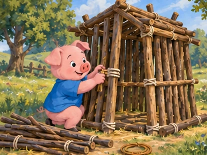 Blue-shirt pig ties sticks to build a wooden stick house.
