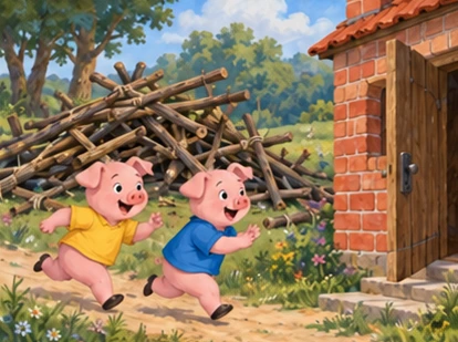 Two pigs run from fallen stick house toward open brick-house door.