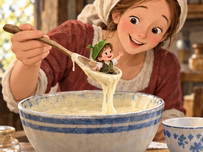 Mother lifts tiny Tom from cool batter bowl with spoon beside teacup.