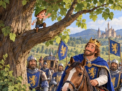 Tom waves from connected low branch as King Arthur's travelling party stops.
