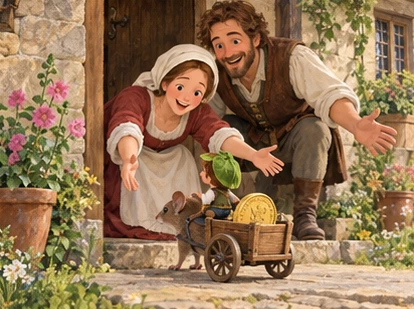 Parents welcome tiny Tom and mouse cart at cottage doorstep.