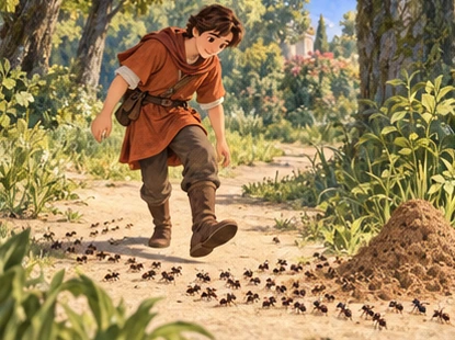 Rust-tunic traveller steps carefully around an ant colony at a sandy path.