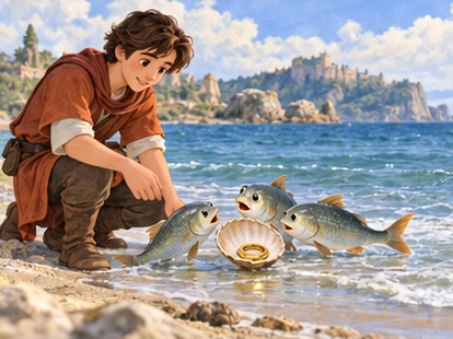 Three fish bring a shell containing golden ring to traveller on seashore.