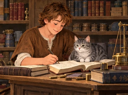 Dick studies books at desk with tabby nearby in modest merchant shop.